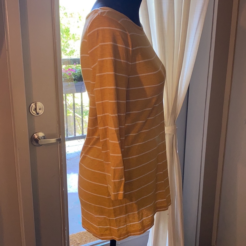 a.n.a yellow gold & white striped womens shirt 3/4 length sleeves Size Medium - Picture 2 of 6